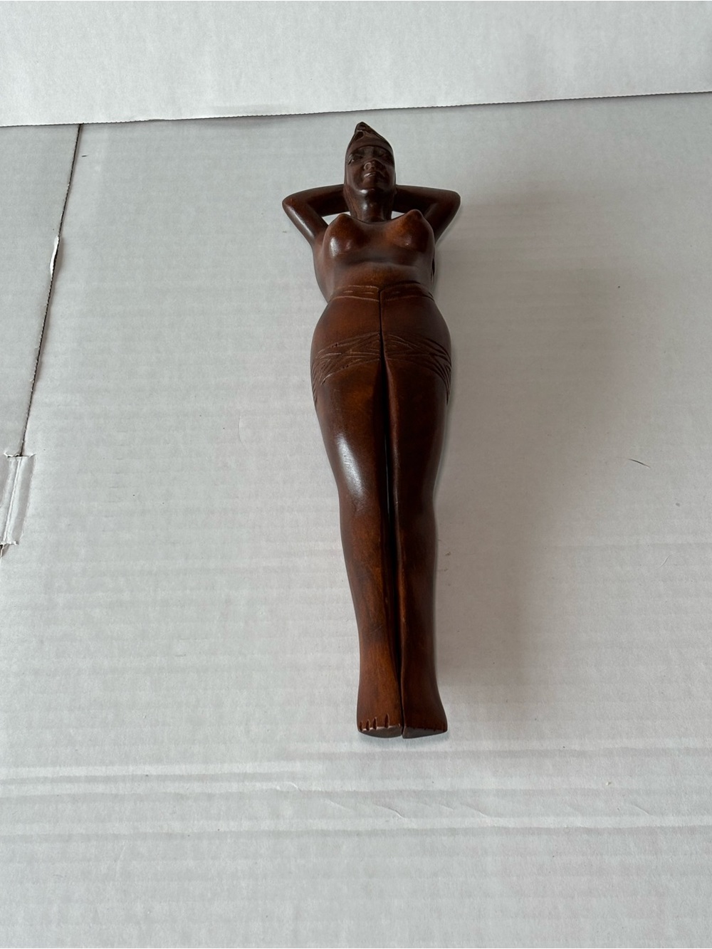 Hand-Carved Brown Wooden Woman Figurine Sculpture